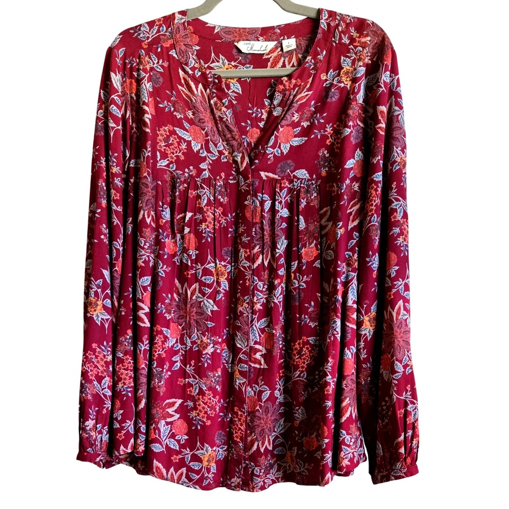 Caffé Marrakesh Women's L Boho Floral Paisley Rayon Blouse Burgundy V-Neck Top